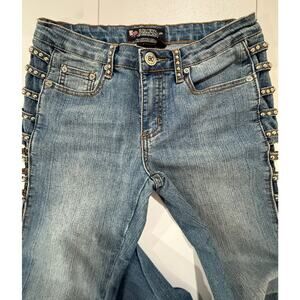 Biker Design Jeans Womens Size 7 Blue Demin Studs & Side Slits Down Legs (109)